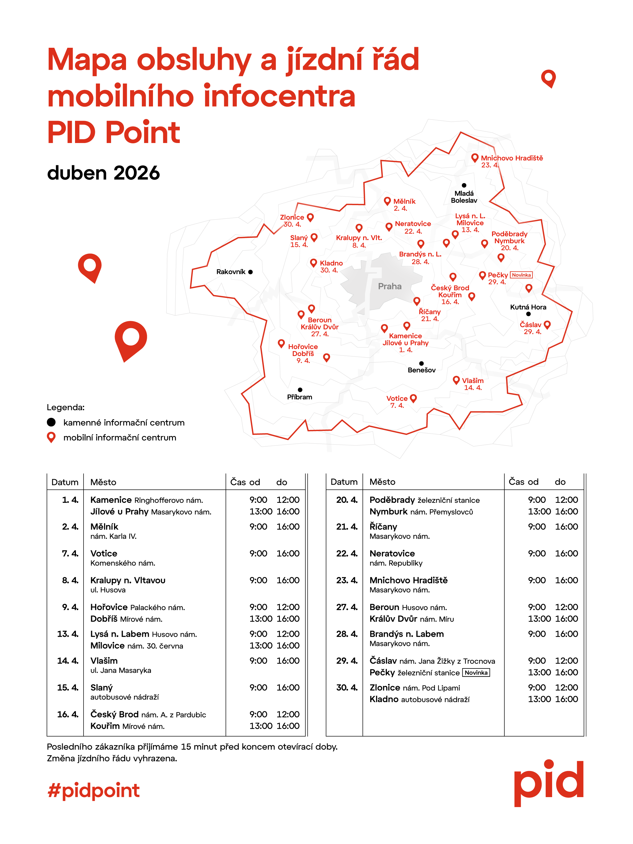 Mapa a j&iacute;zdn&iacute; ř&aacute;d duben 2026 PID Point